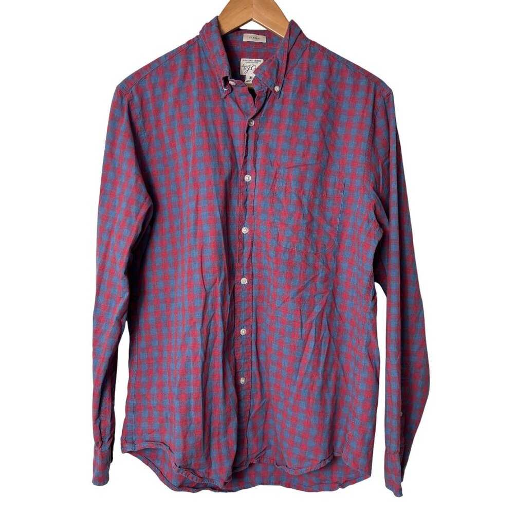 J. Crew Mens Secret Wash Organic Cotton Button-Down Shirt Red & Blue Checkered C